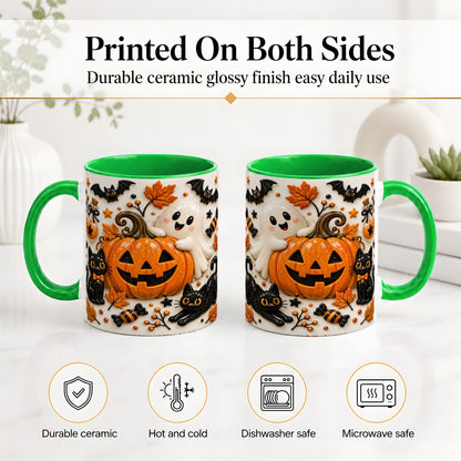 #pl[11oz|Green] Halloween Pumpkin Ceramic Mug, Black Cat Ghost Spooky Artwork