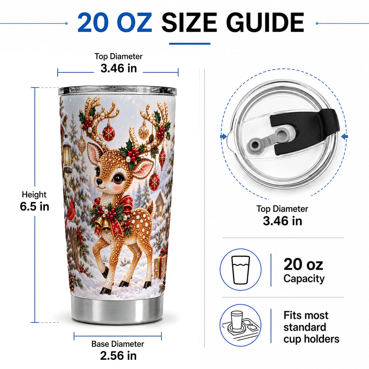 #pl[20oz|Steel] Festive Reindeer 20oz Tumbler, Christmas Ornament Scene Drinkware