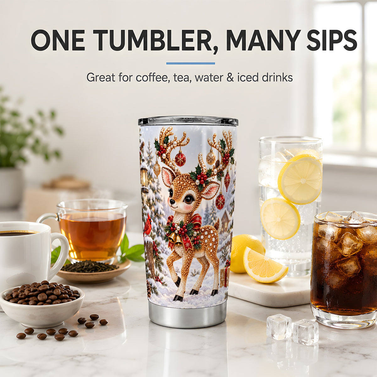 #pl[20oz|Steel] Festive Reindeer 20oz Tumbler, Christmas Ornament Scene Drinkware