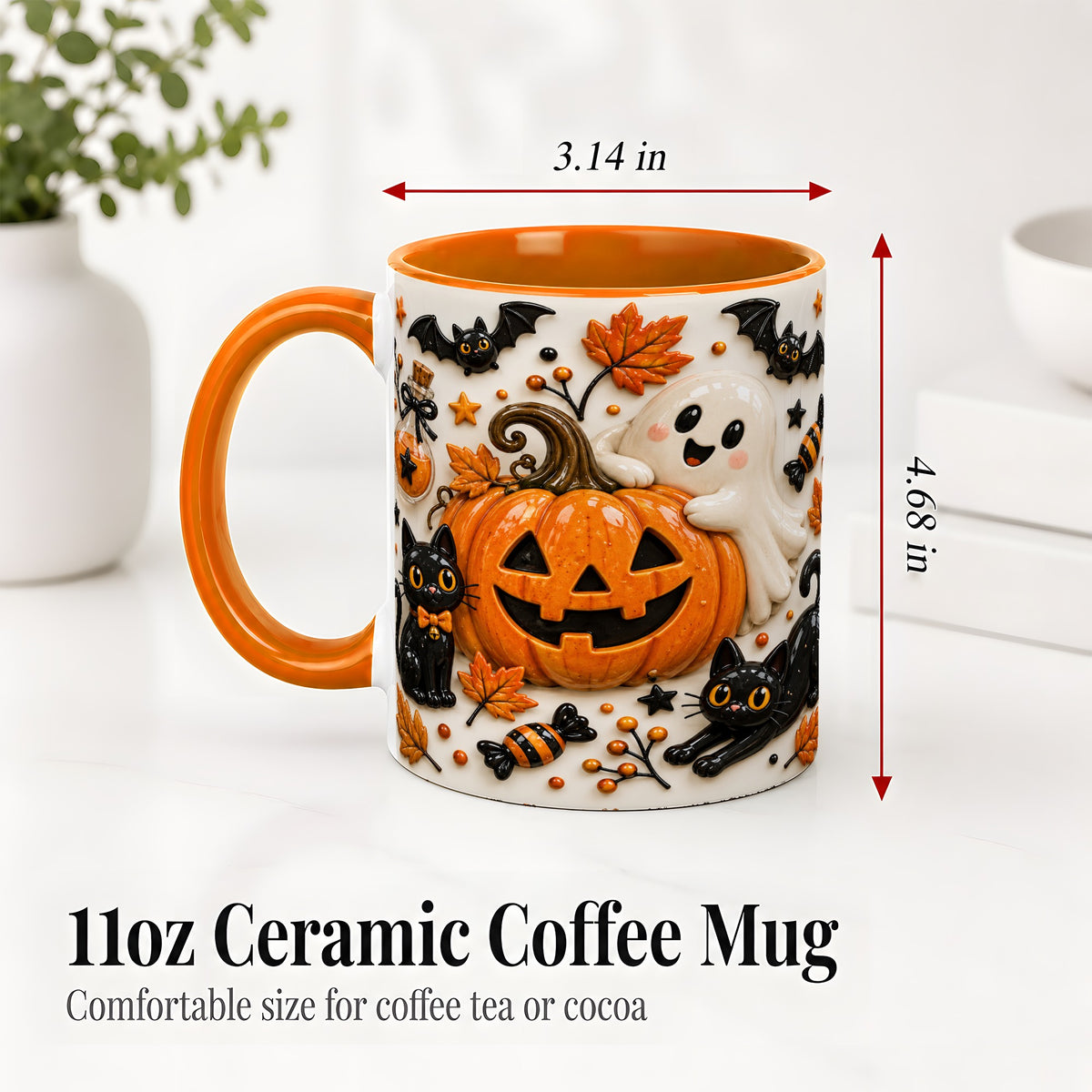 #pl[11oz|Orange] Halloween Pumpkin Ceramic Mug, Black Cat Ghost Spooky Artwork
