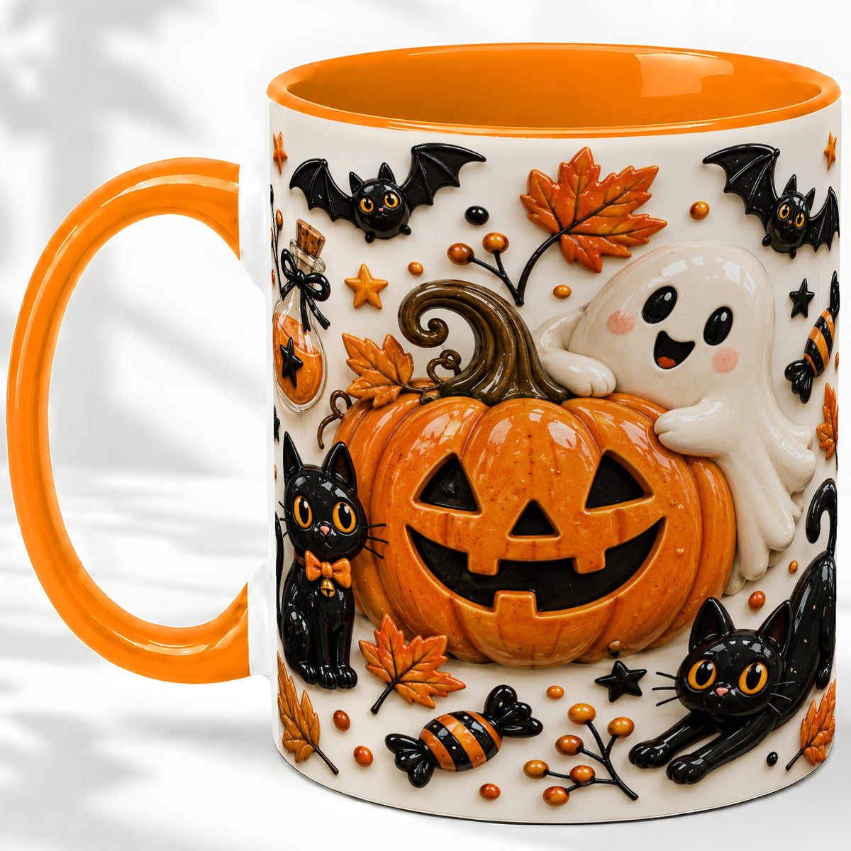#pl[11oz|Orange] Halloween Pumpkin Ceramic Mug, Black Cat Ghost Spooky Artwork