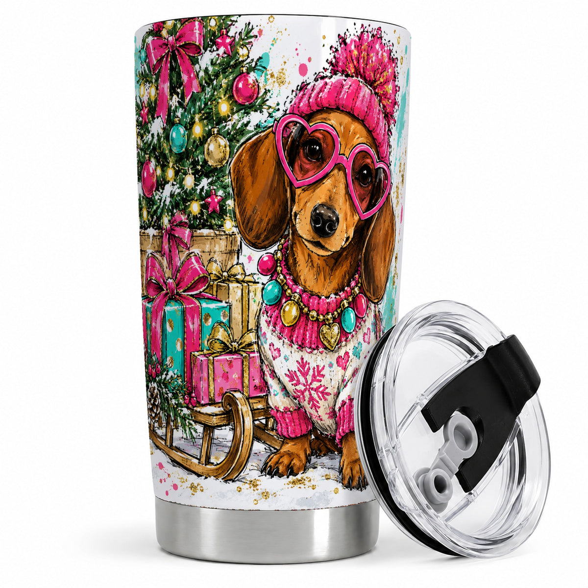 Colorful Christmas Dachshund 20oz Tumbler, Festive Dog Art Drinkware