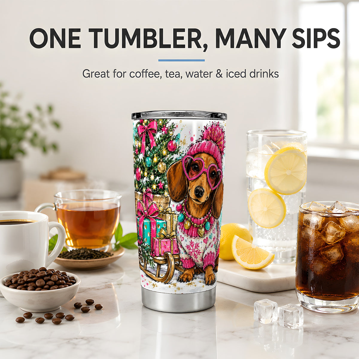 #pl[20oz|Steel] Colorful Christmas Dachshund 20oz Tumbler, Festive Dog Art Drinkware