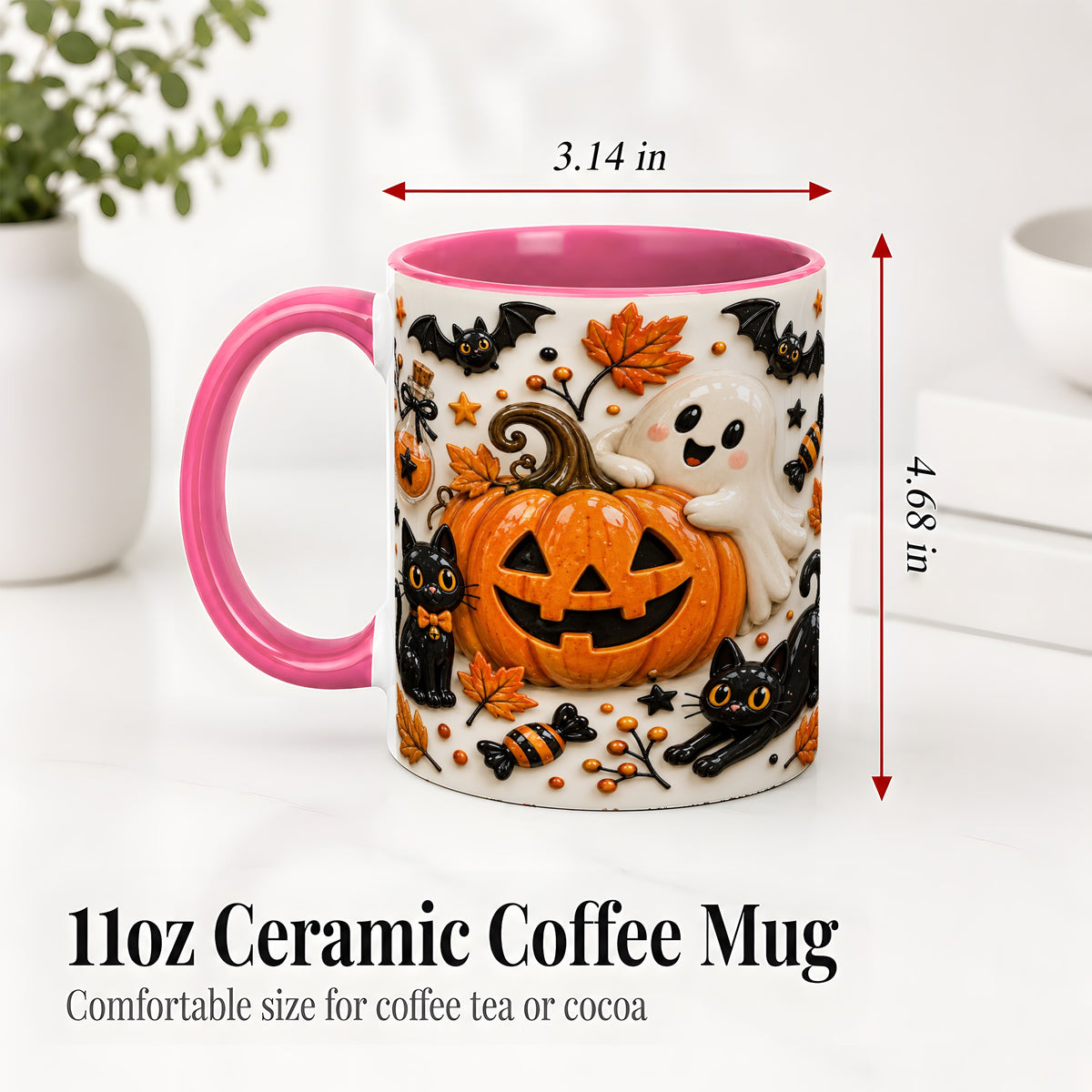 #pl[11oz|Pink] Halloween Pumpkin Ceramic Mug, Black Cat Ghost Spooky Artwork