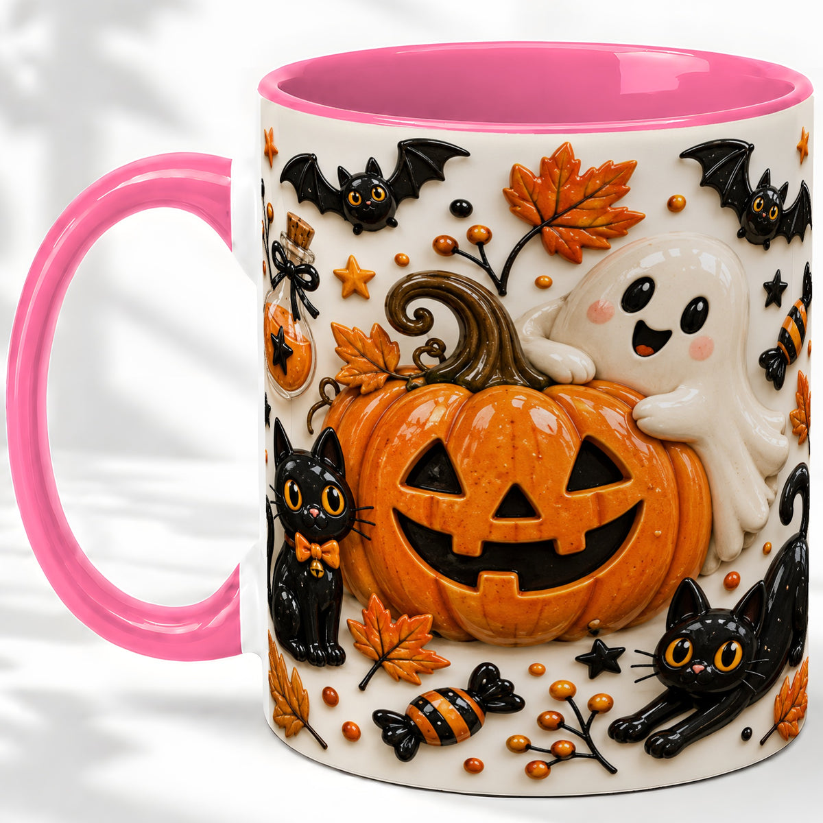 #pl[11oz|Pink] Halloween Pumpkin Ceramic Mug, Black Cat Ghost Spooky Artwork