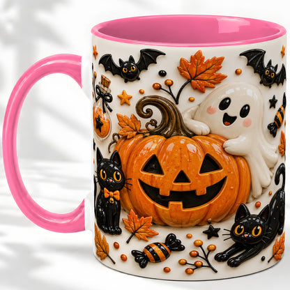 #pl[11oz|Pink] Halloween Pumpkin Ceramic Mug, Black Cat Ghost Spooky Artwork