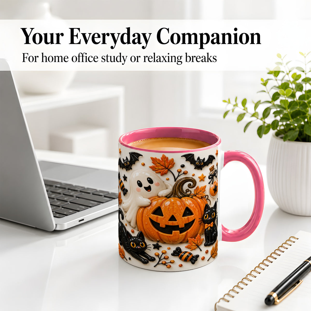 #pl[11oz|Pink] Halloween Pumpkin Ceramic Mug, Black Cat Ghost Spooky Artwork