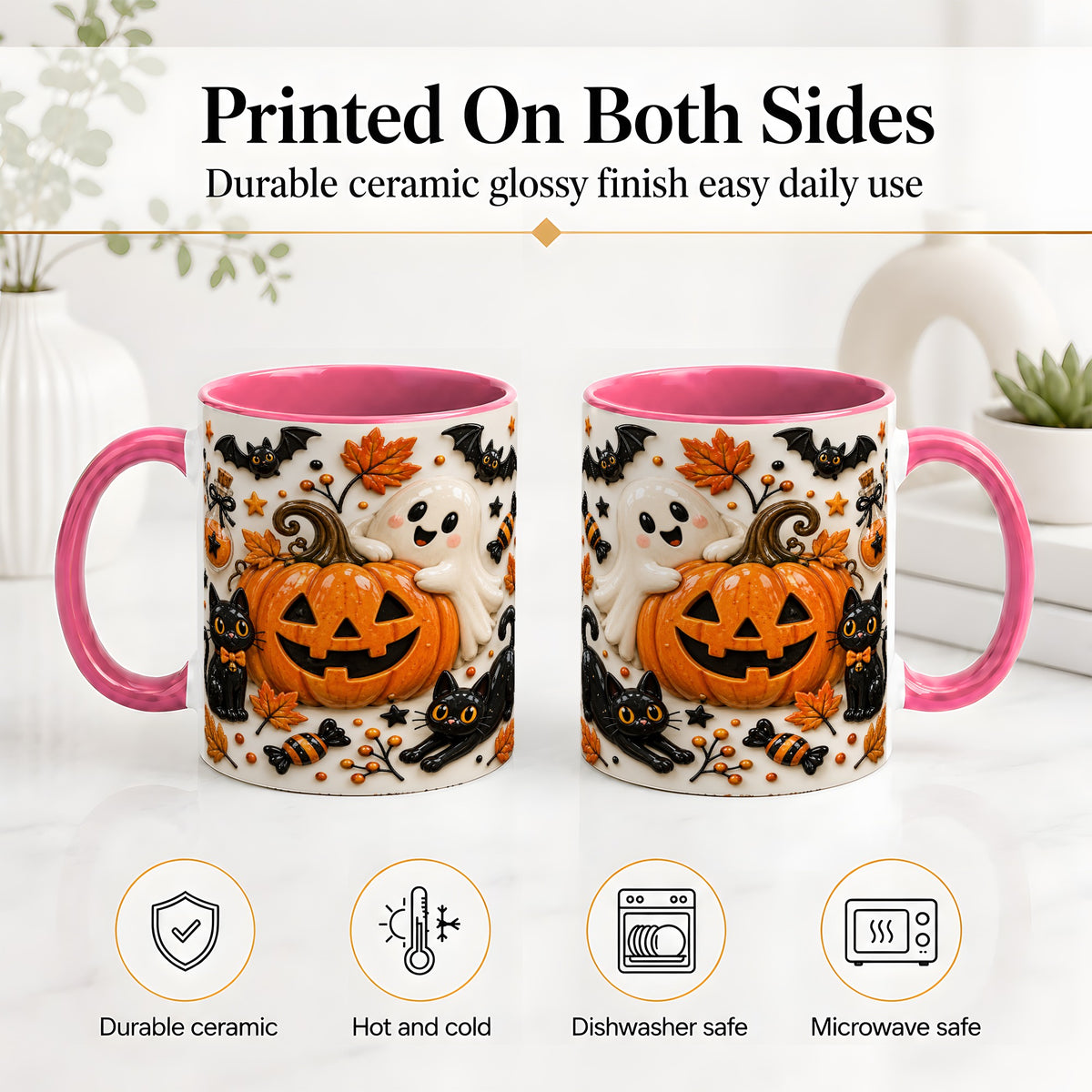 #pl[11oz|Pink] Halloween Pumpkin Ceramic Mug, Black Cat Ghost Spooky Artwork