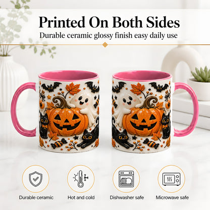 #pl[11oz|Pink] Halloween Pumpkin Ceramic Mug, Black Cat Ghost Spooky Artwork
