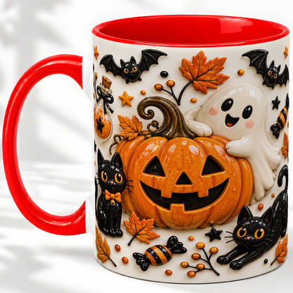 Halloween Pumpkin Ceramic Mug, Black Cat Ghost Spooky Artwork