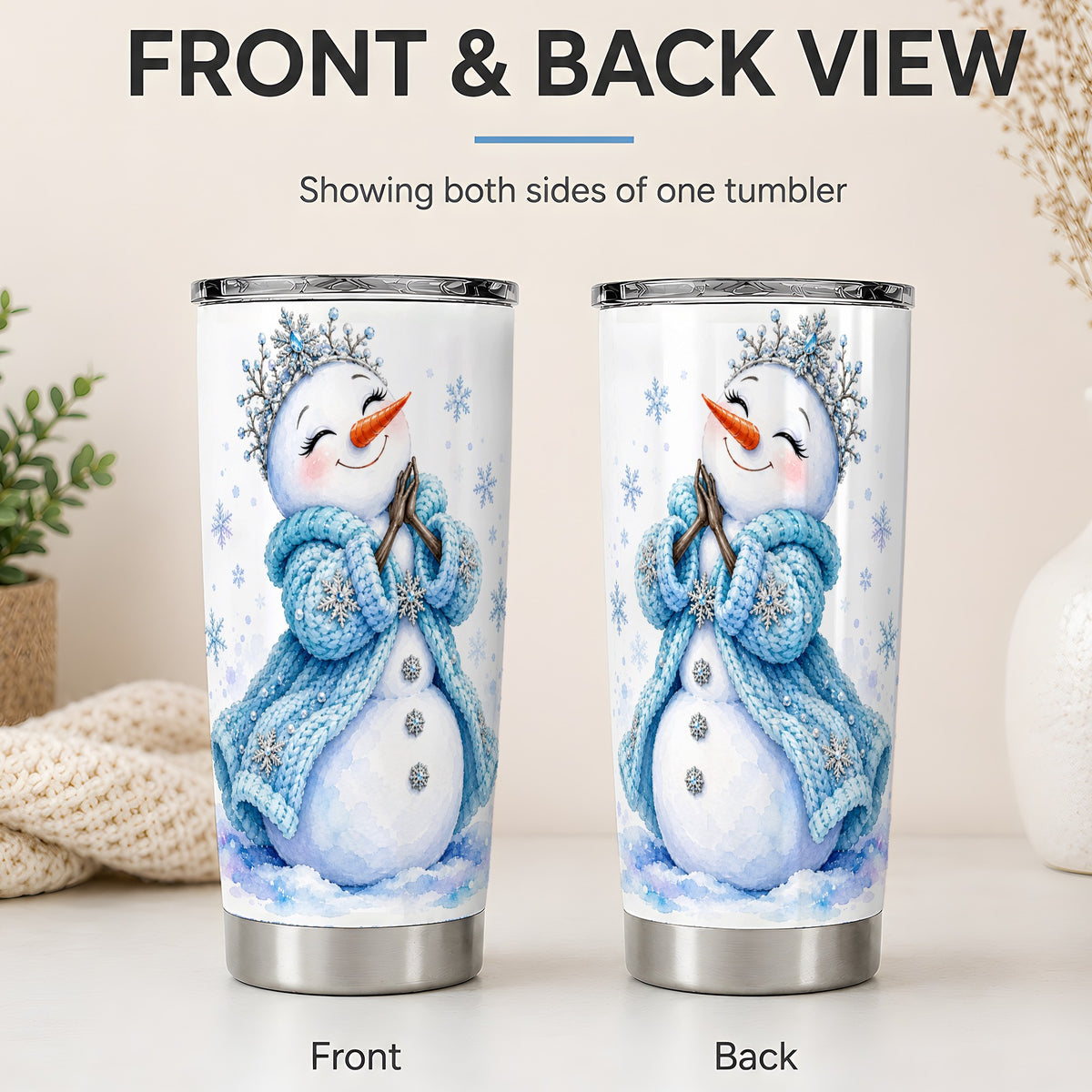 #pl[20oz|Steel] Winter Snowman 20oz Tumbler, Blue Snowflake Artwork for Seasonal Use