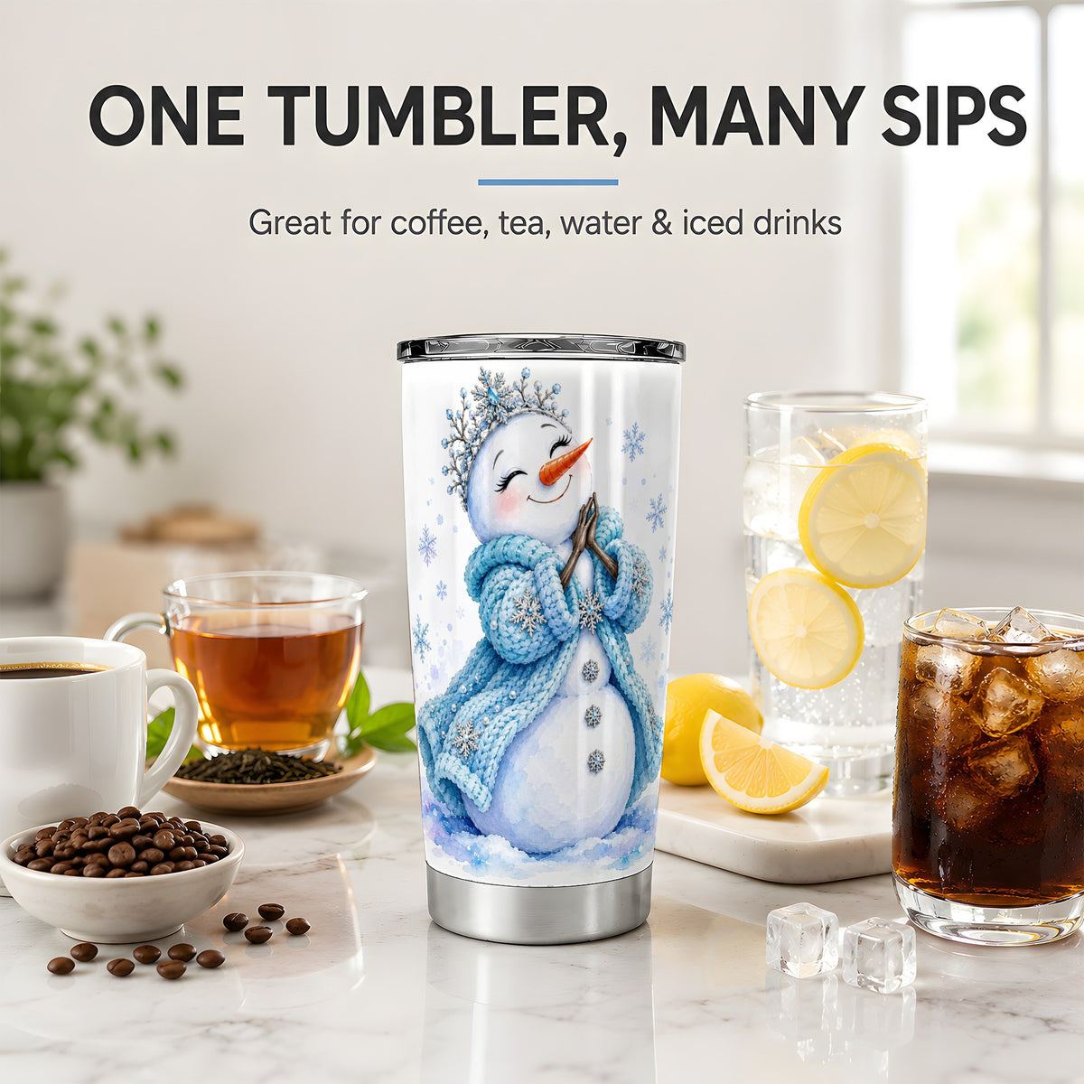 #pl[20oz|Steel] Winter Snowman 20oz Tumbler, Blue Snowflake Artwork for Seasonal Use