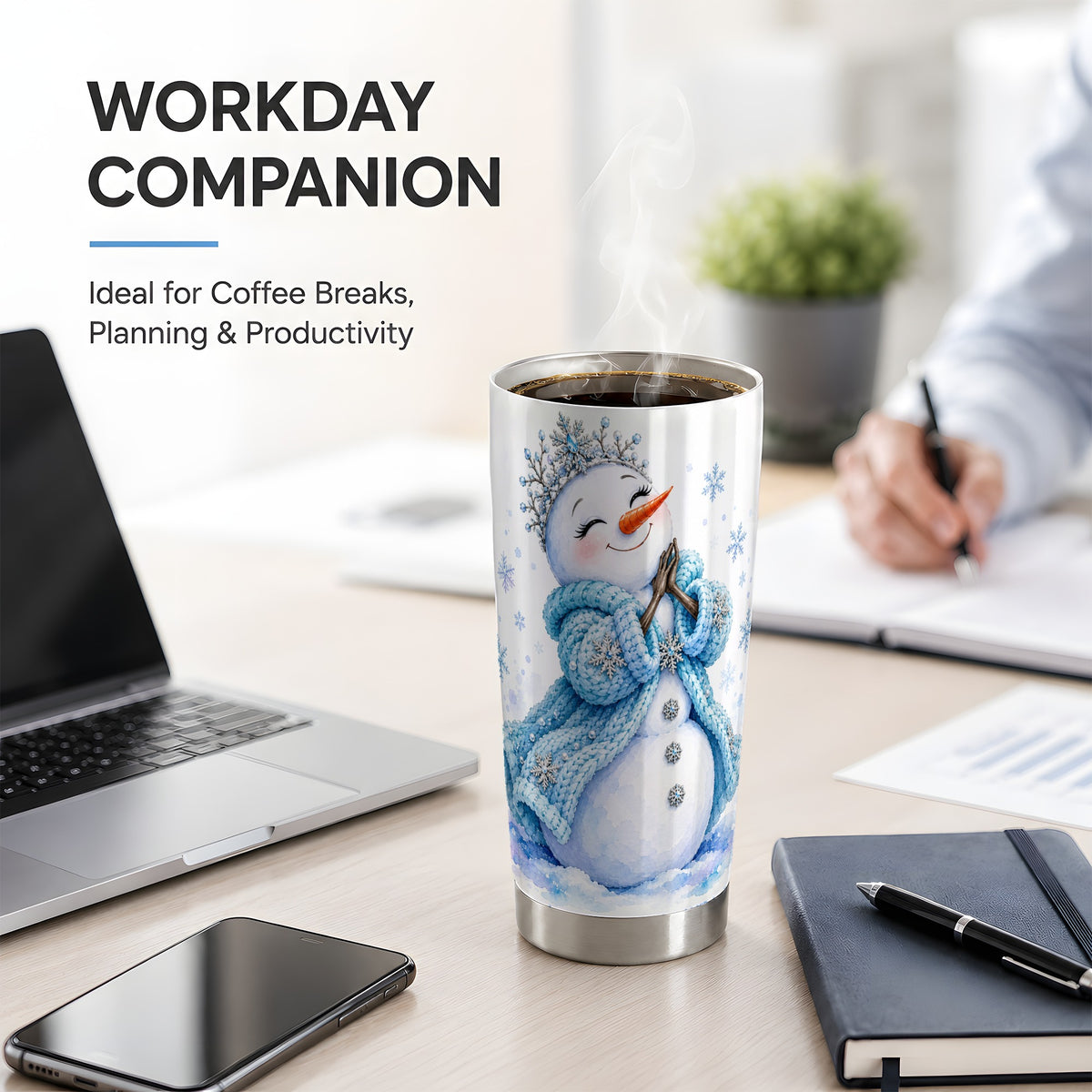 #pl[20oz|Steel] Winter Snowman 20oz Tumbler, Blue Snowflake Artwork for Seasonal Use