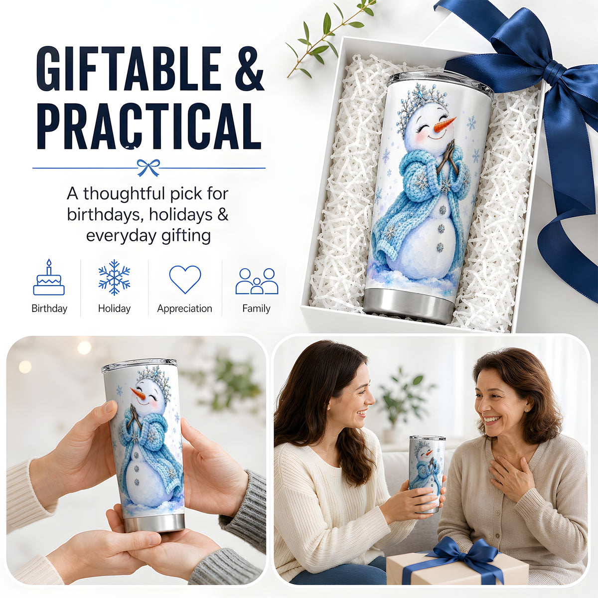 #pl[20oz|Steel] Winter Snowman 20oz Tumbler, Blue Snowflake Artwork for Seasonal Use