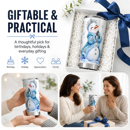 #pl[20oz|Steel] Winter Snowman 20oz Tumbler, Blue Snowflake Artwork for Seasonal Use