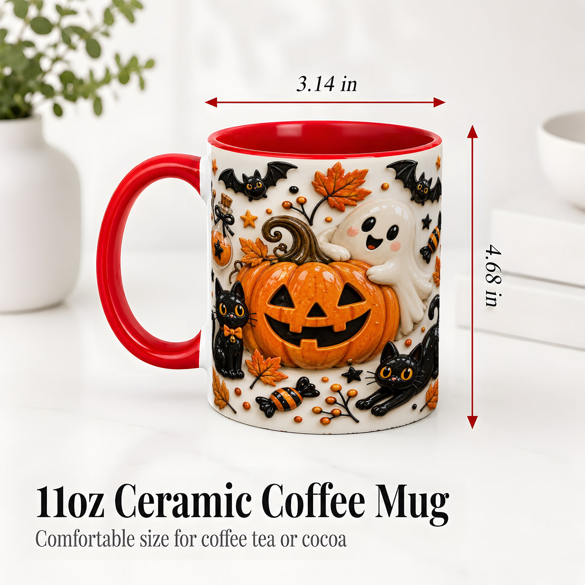 #pl[11oz|Red] Halloween Pumpkin Ceramic Mug, Black Cat Ghost Spooky Artwork