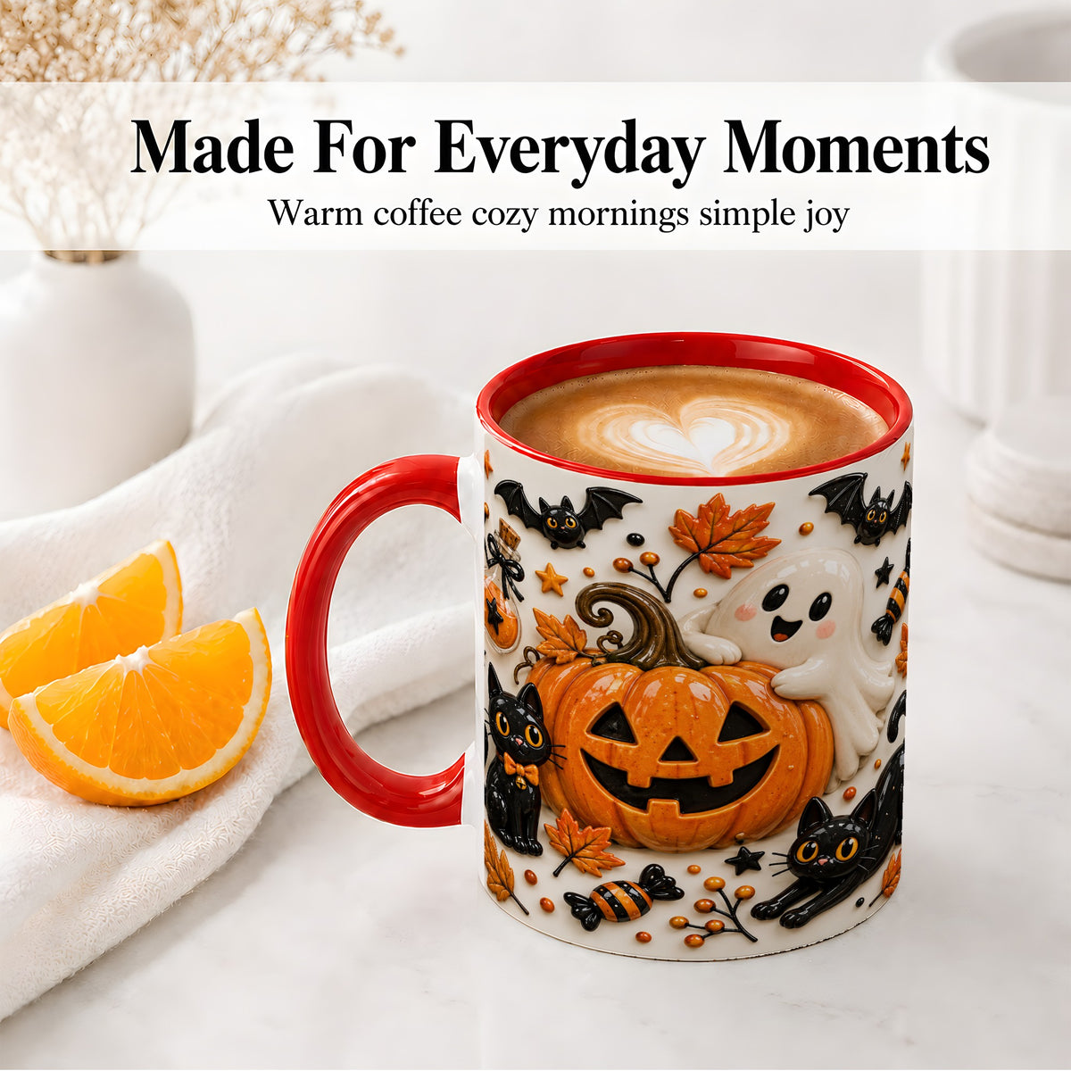 #pl[11oz|Red] Halloween Pumpkin Ceramic Mug, Black Cat Ghost Spooky Artwork
