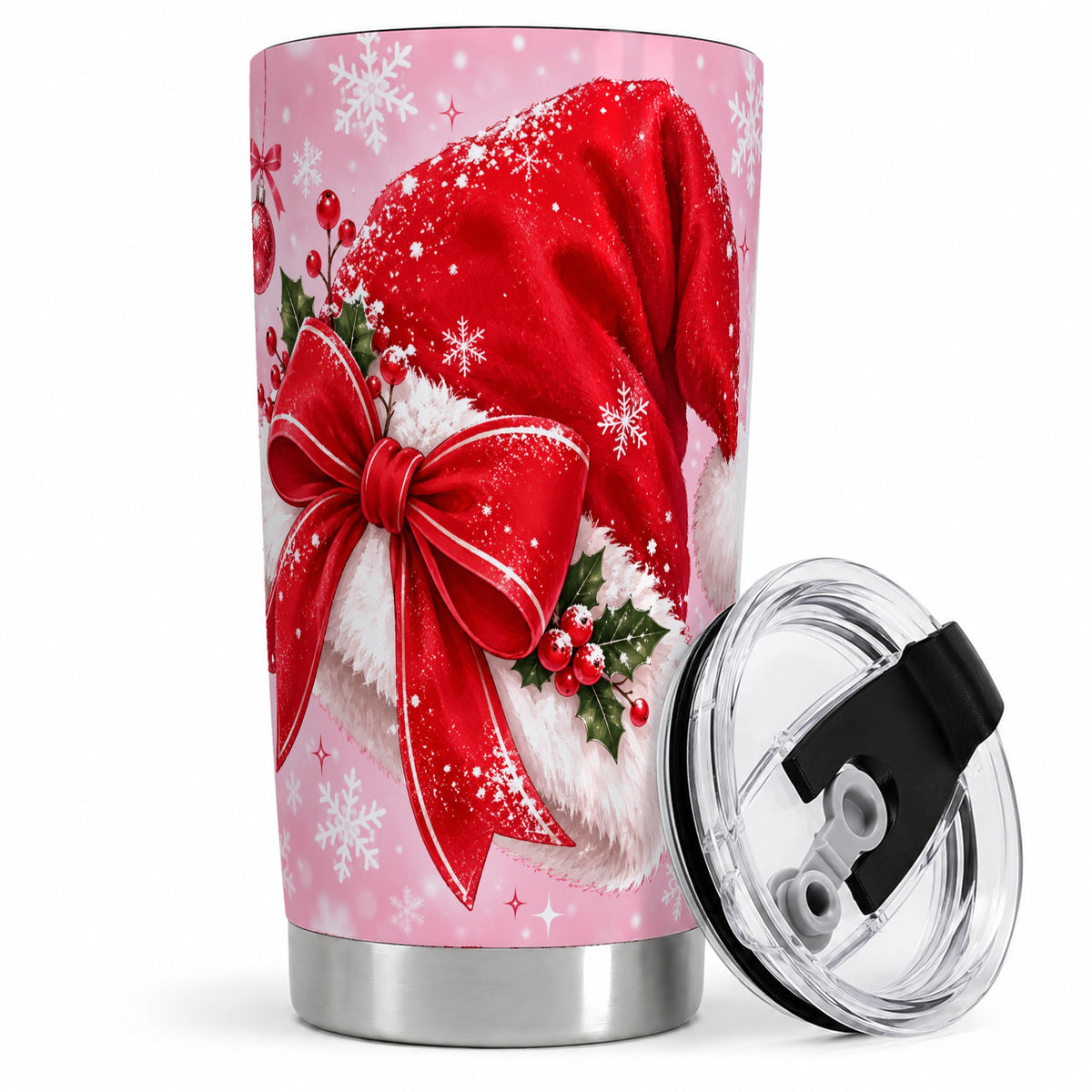 #pl[20oz|Steel] Santa Hat Tumbler, 20oz Tumbler with Red Bow and Snowflake Artwork