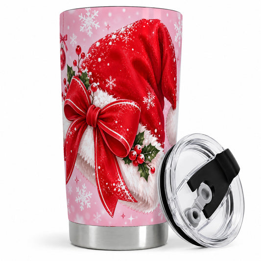 #pl[20oz|Steel] Santa Hat Tumbler, 20oz Tumbler with Red Bow and Snowflake Artwork