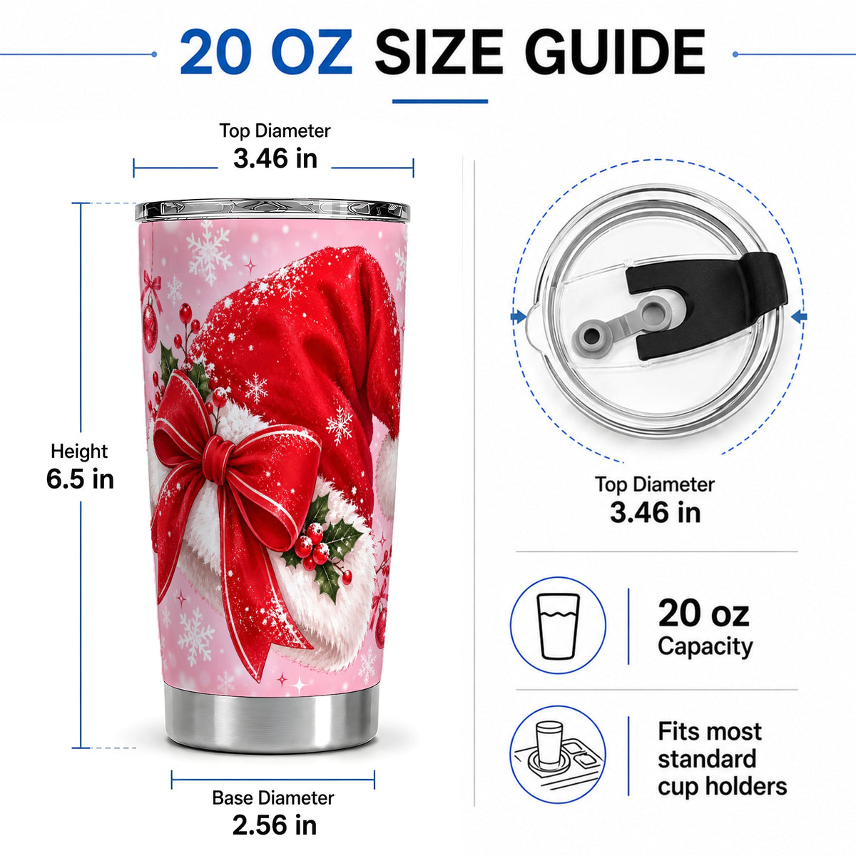 #pl[20oz|Steel] Santa Hat Tumbler, 20oz Tumbler with Red Bow and Snowflake Artwork
