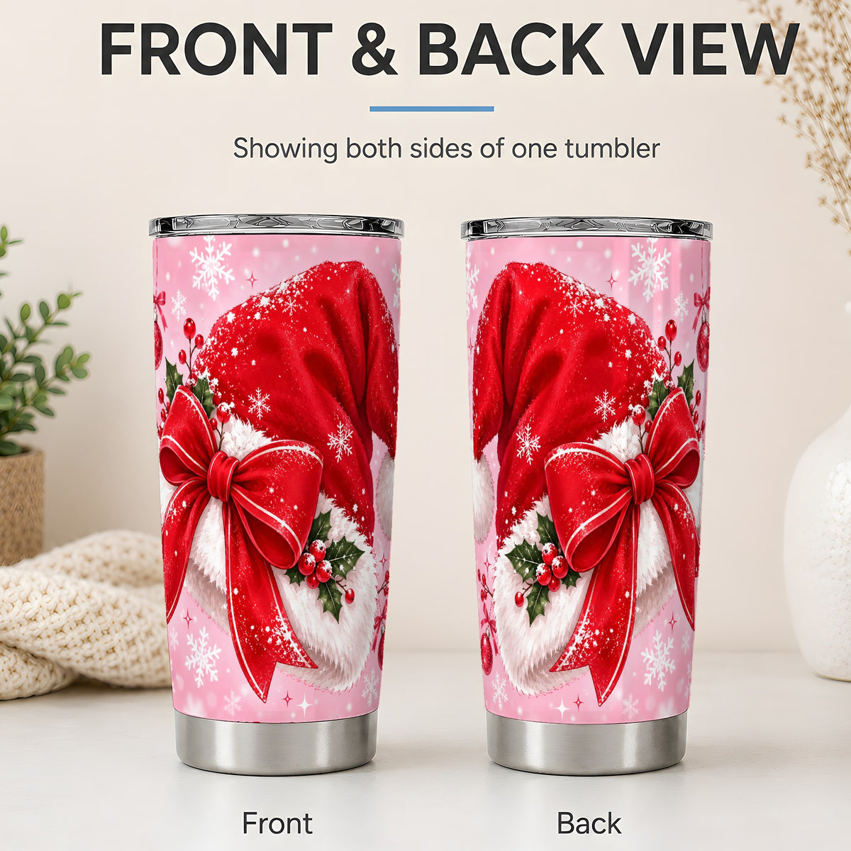 #pl[20oz|Steel] Santa Hat Tumbler, 20oz Tumbler with Red Bow and Snowflake Artwork