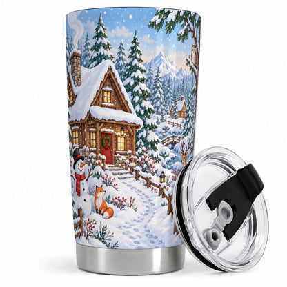 #pl[20oz|Steel] Snowy Cabin Tumbler, 20oz Tumbler with Snowman and Forest Artwork