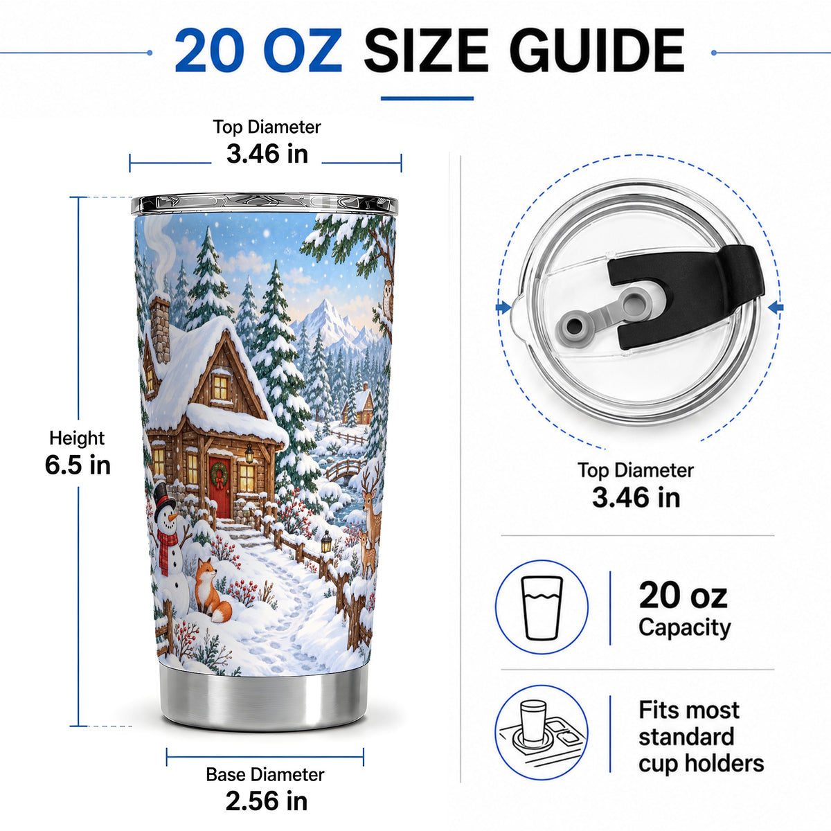 #pl[20oz|Steel] Snowy Cabin Tumbler, 20oz Tumbler with Snowman and Forest Artwork