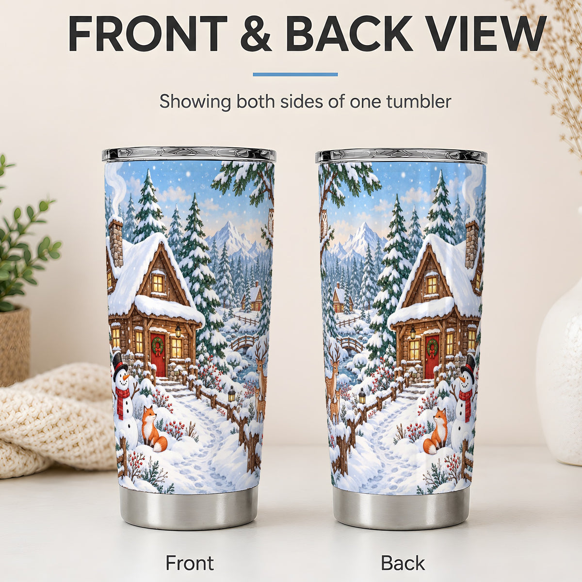 #pl[20oz|Steel] Snowy Cabin Tumbler, 20oz Tumbler with Snowman and Forest Artwork