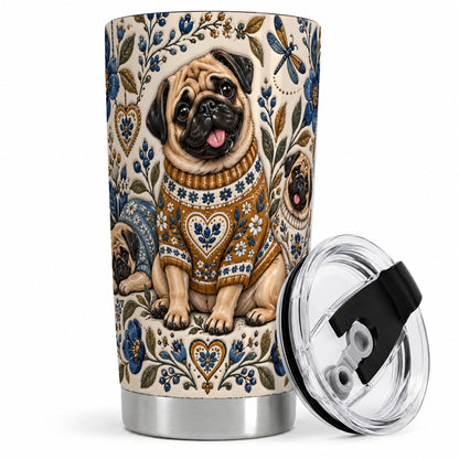 #pl[20oz|Steel] Pug Floral Tumbler, 20oz Tumbler with Folk Flower Sweater Artwork