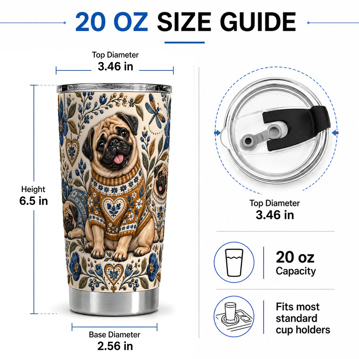 #pl[20oz|Steel] Pug Floral Tumbler, 20oz Tumbler with Folk Flower Sweater Artwork