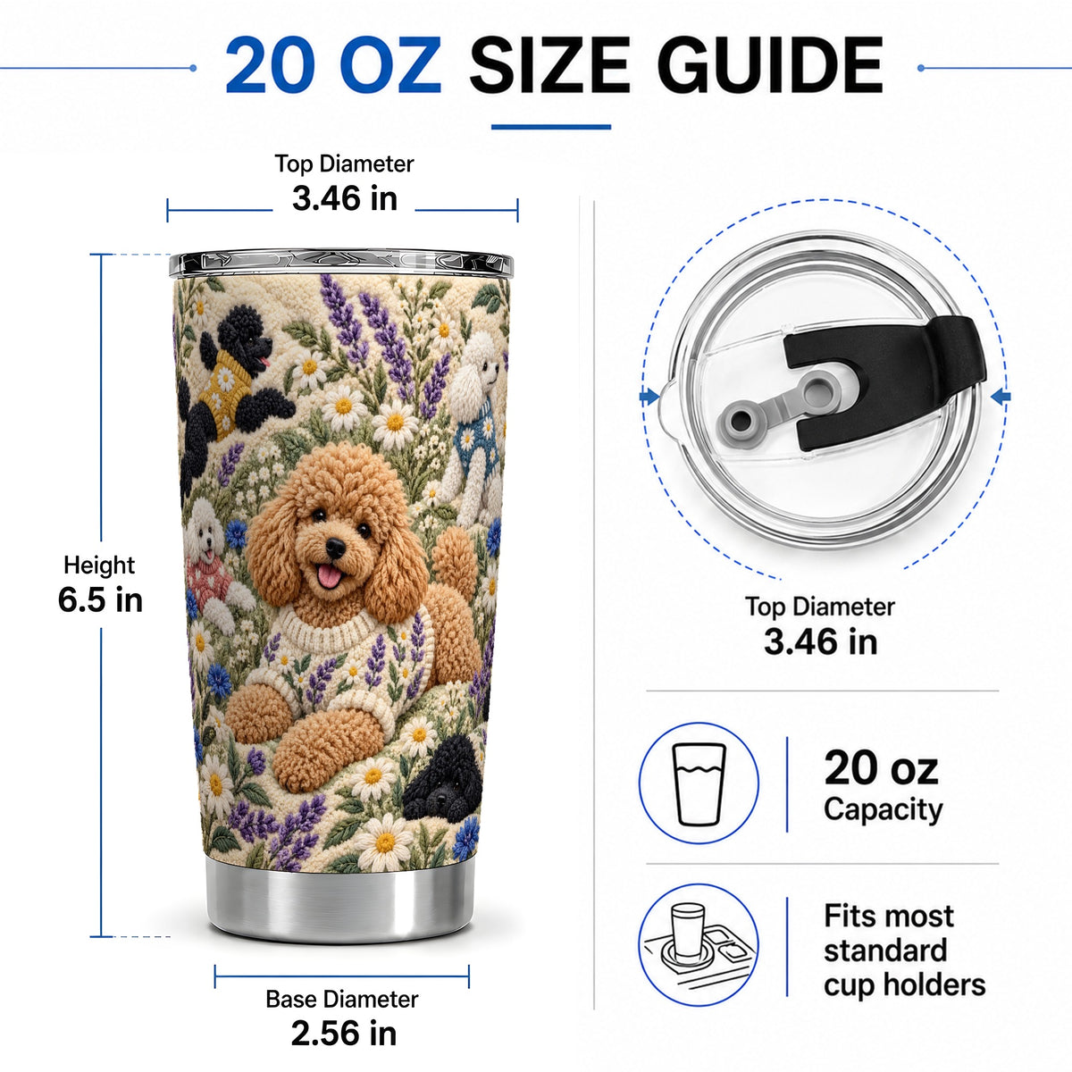 #pl[20oz|Steel] Poodle Floral Tumbler, 20oz Tumbler with Lavender Meadow Artwork