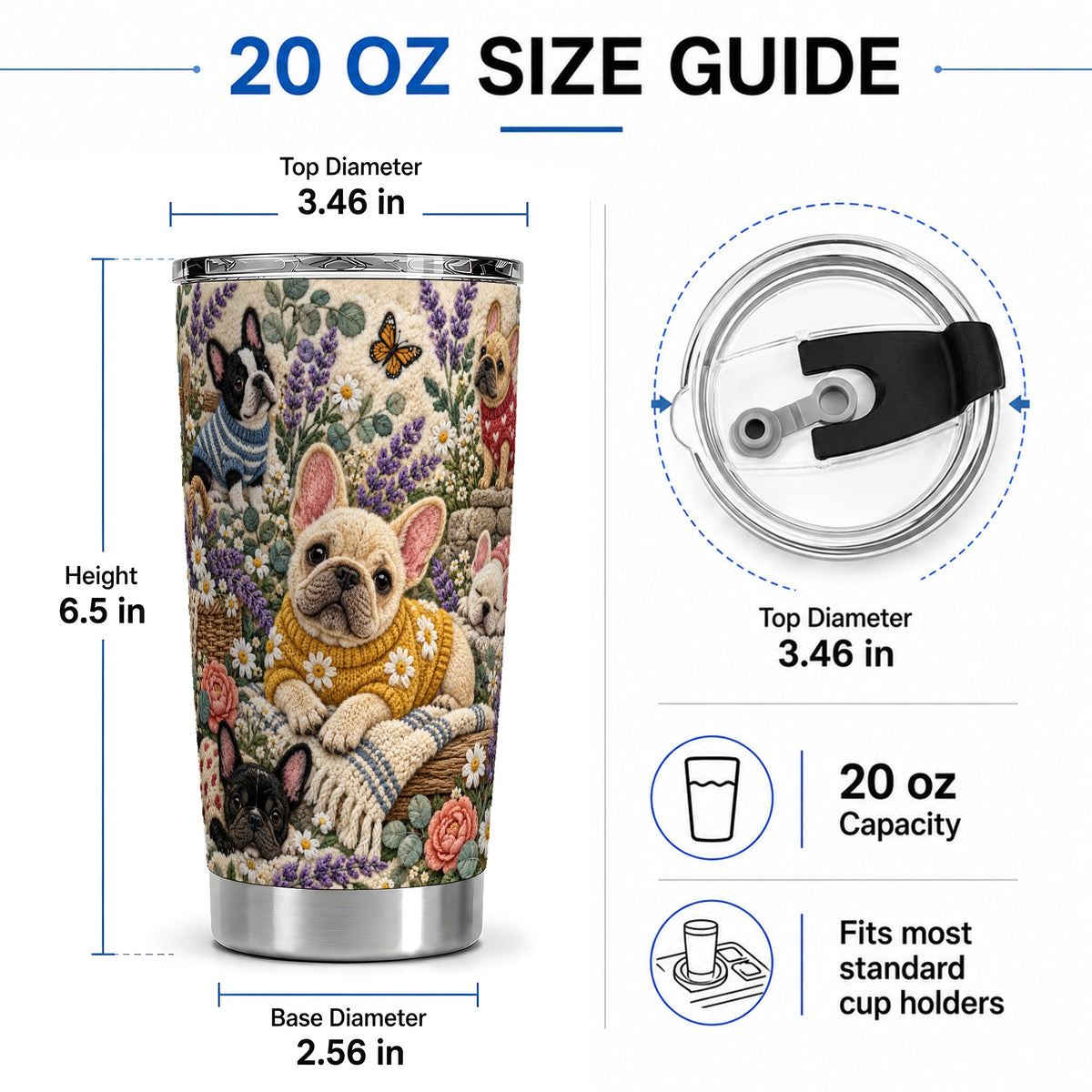 #pl[20oz|Steel] French Bulldog Tumbler, 20oz Tumbler with Floral Sweater Artwork