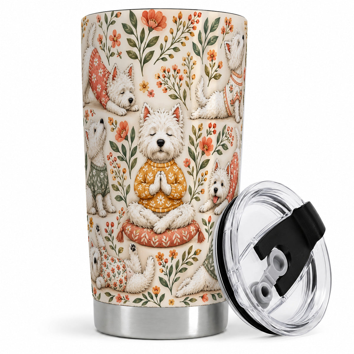 #pl[20oz|Steel] White Terrier Tumbler, 20oz Tumbler with Botanical Yoga Artwork