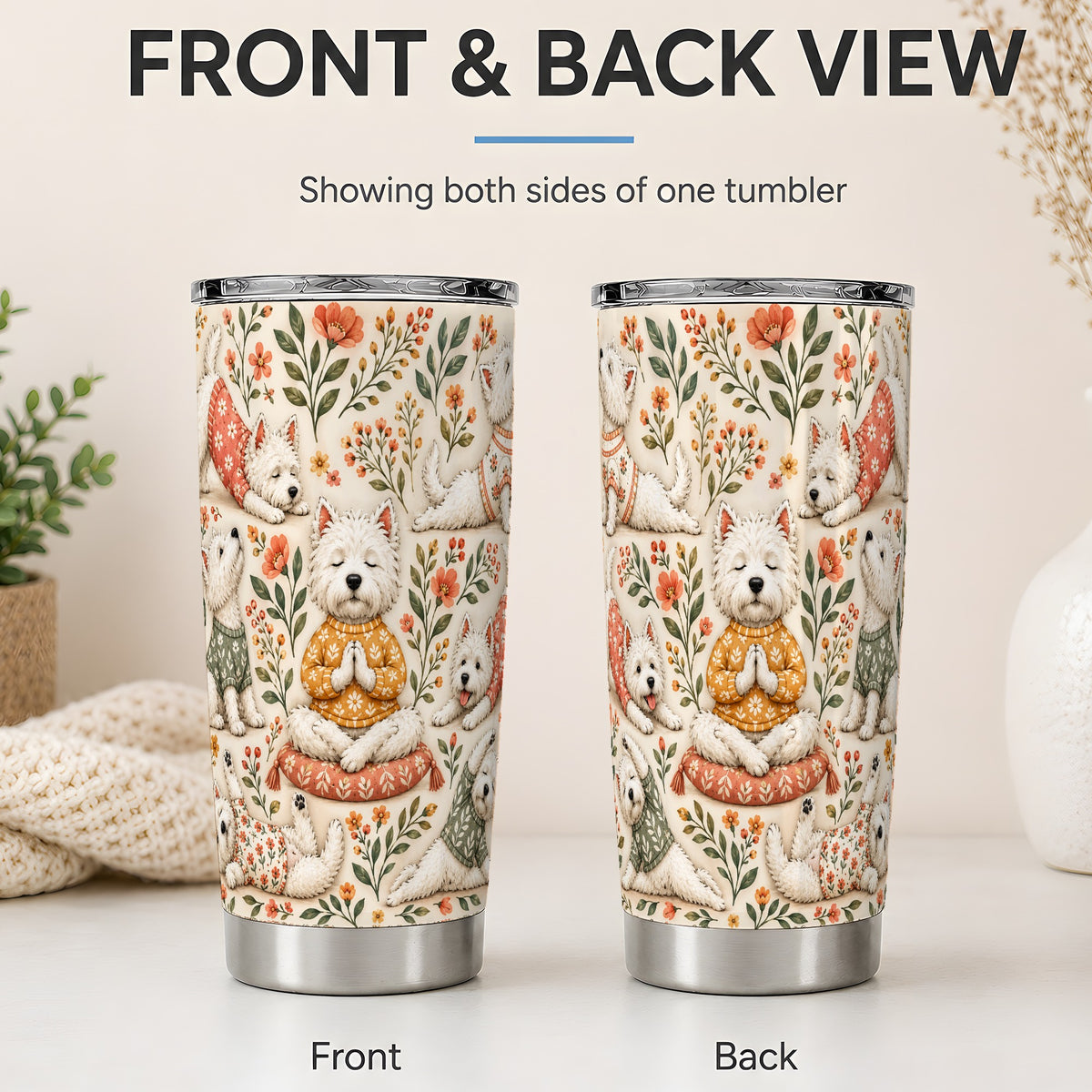 #pl[20oz|Steel] White Terrier Tumbler, 20oz Tumbler with Botanical Yoga Artwork