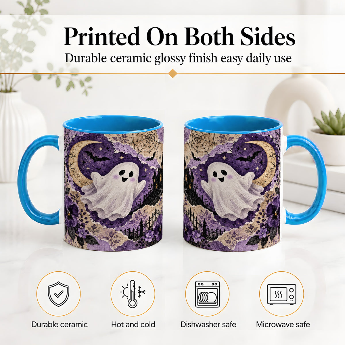 #pl[11oz|Blue] Vintage Halloween Ceramic Mug, Ghost Moon Haunted House Collage