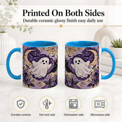 #pl[11oz|Blue] Vintage Halloween Ceramic Mug, Ghost Moon Haunted House Collage