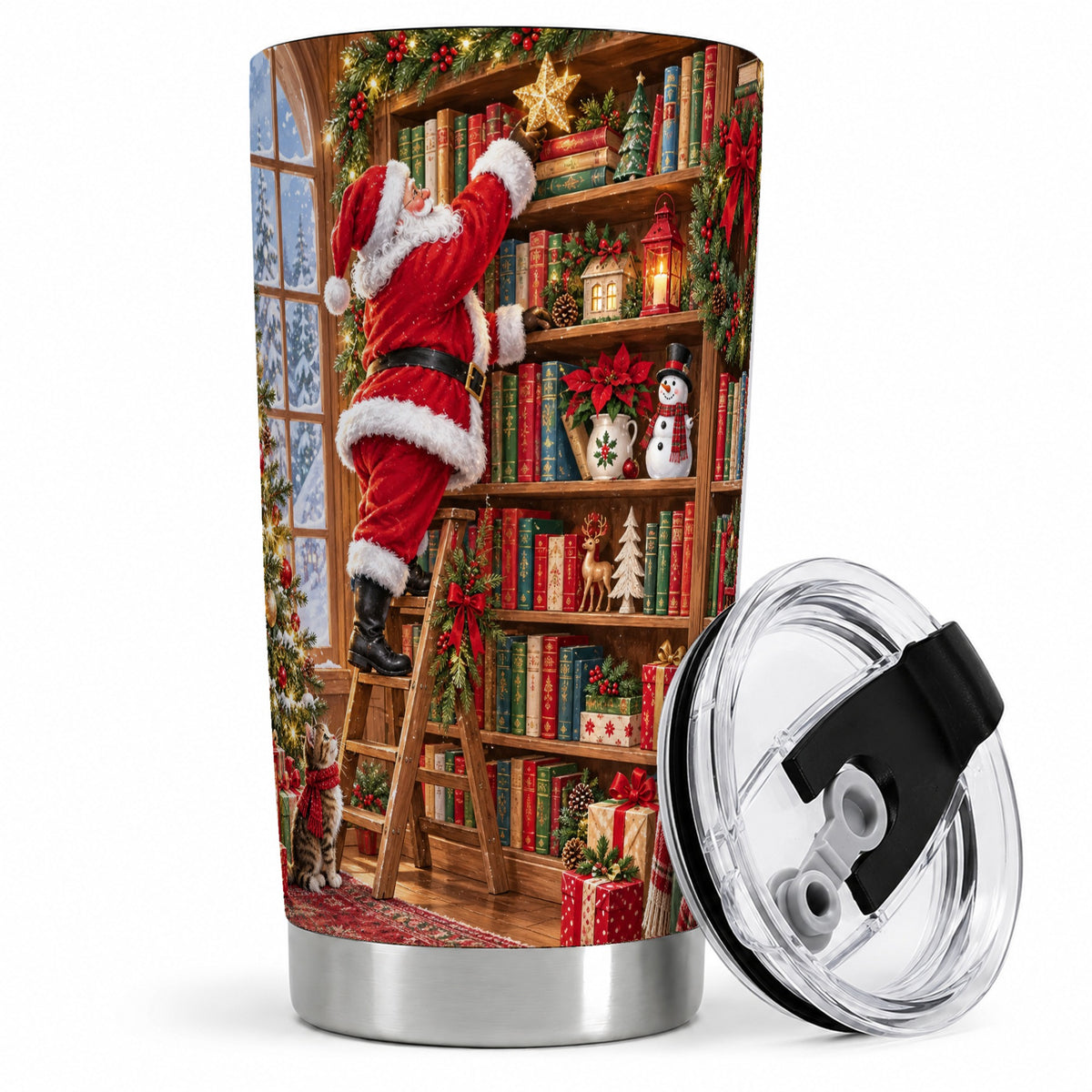 #pl[20oz|Steel] Santa Library Tumbler, 20oz Tumbler with Christmas Bookshelf Artwork