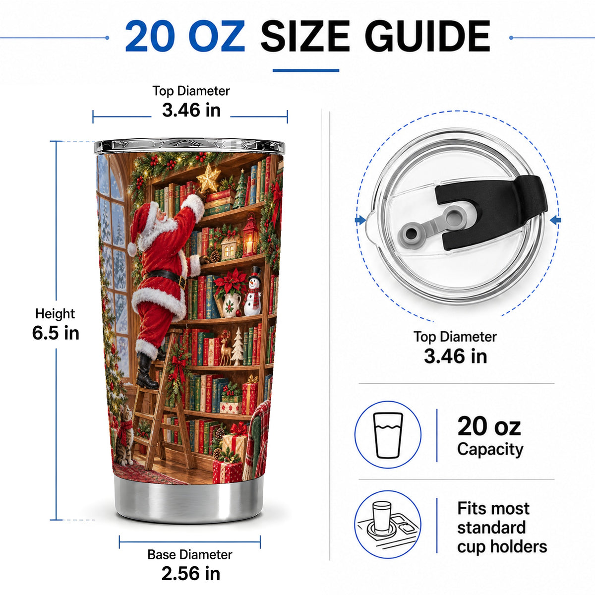 #pl[20oz|Steel] Santa Library Tumbler, 20oz Tumbler with Christmas Bookshelf Artwork
