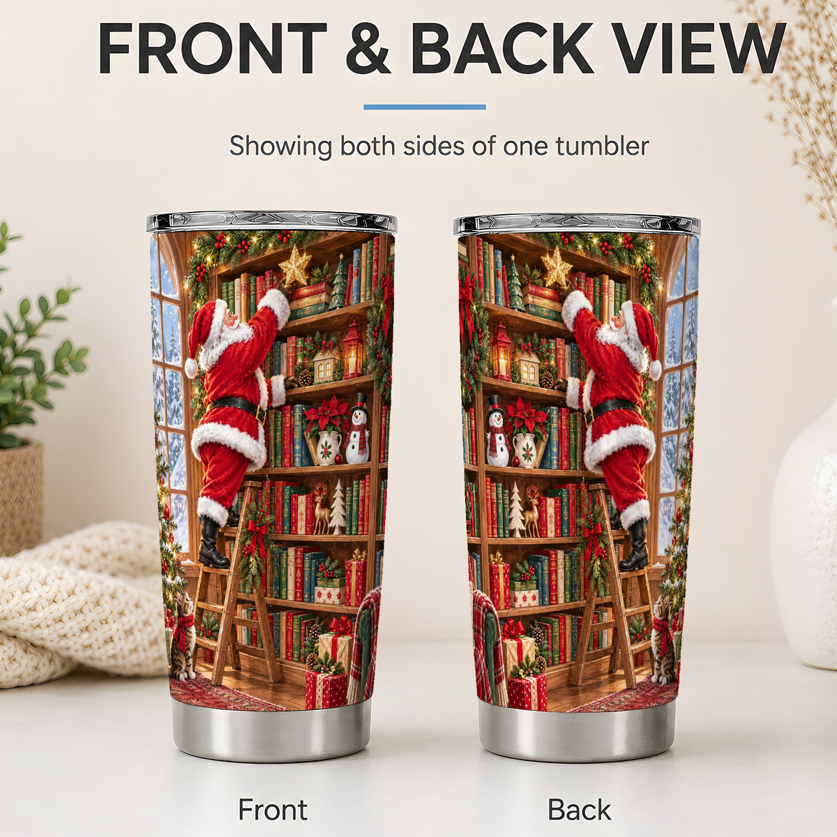 #pl[20oz|Steel] Santa Library Tumbler, 20oz Tumbler with Christmas Bookshelf Artwork
