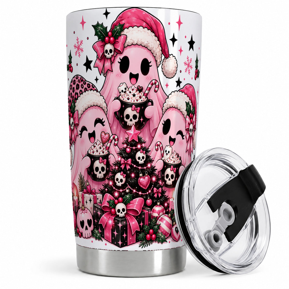 #pl[20oz|Steel] Pink Gothic Christmas Ghost 20oz Tumbler, Skull Holiday Drinkware