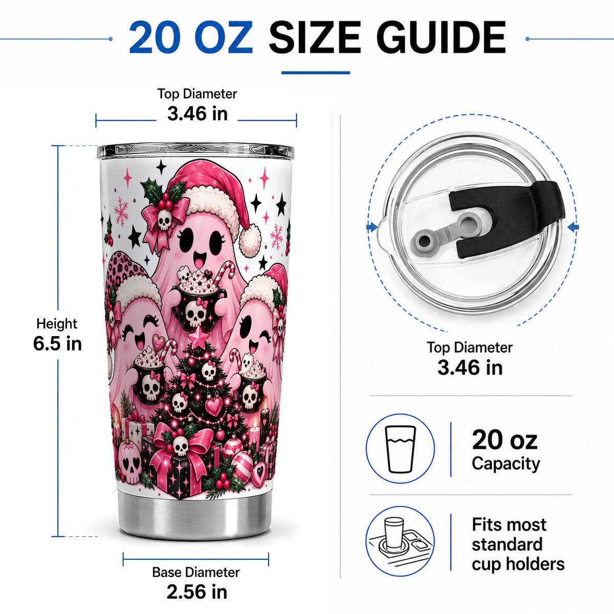 #pl[20oz|Steel] Pink Gothic Christmas Ghost 20oz Tumbler, Skull Holiday Drinkware