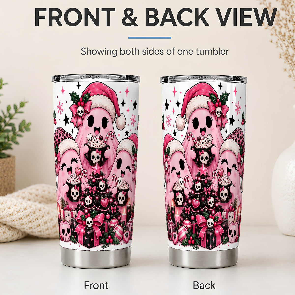 #pl[20oz|Steel] Pink Gothic Christmas Ghost 20oz Tumbler, Skull Holiday Drinkware