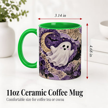 #pl[11oz|Green] Vintage Halloween Ceramic Mug, Ghost Moon Haunted House Collage