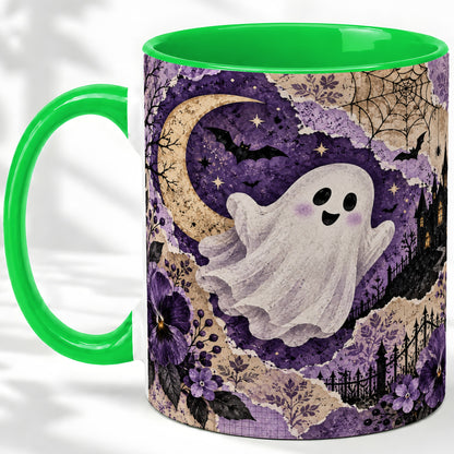 #pl[11oz|Green] Vintage Halloween Ceramic Mug, Ghost Moon Haunted House Collage