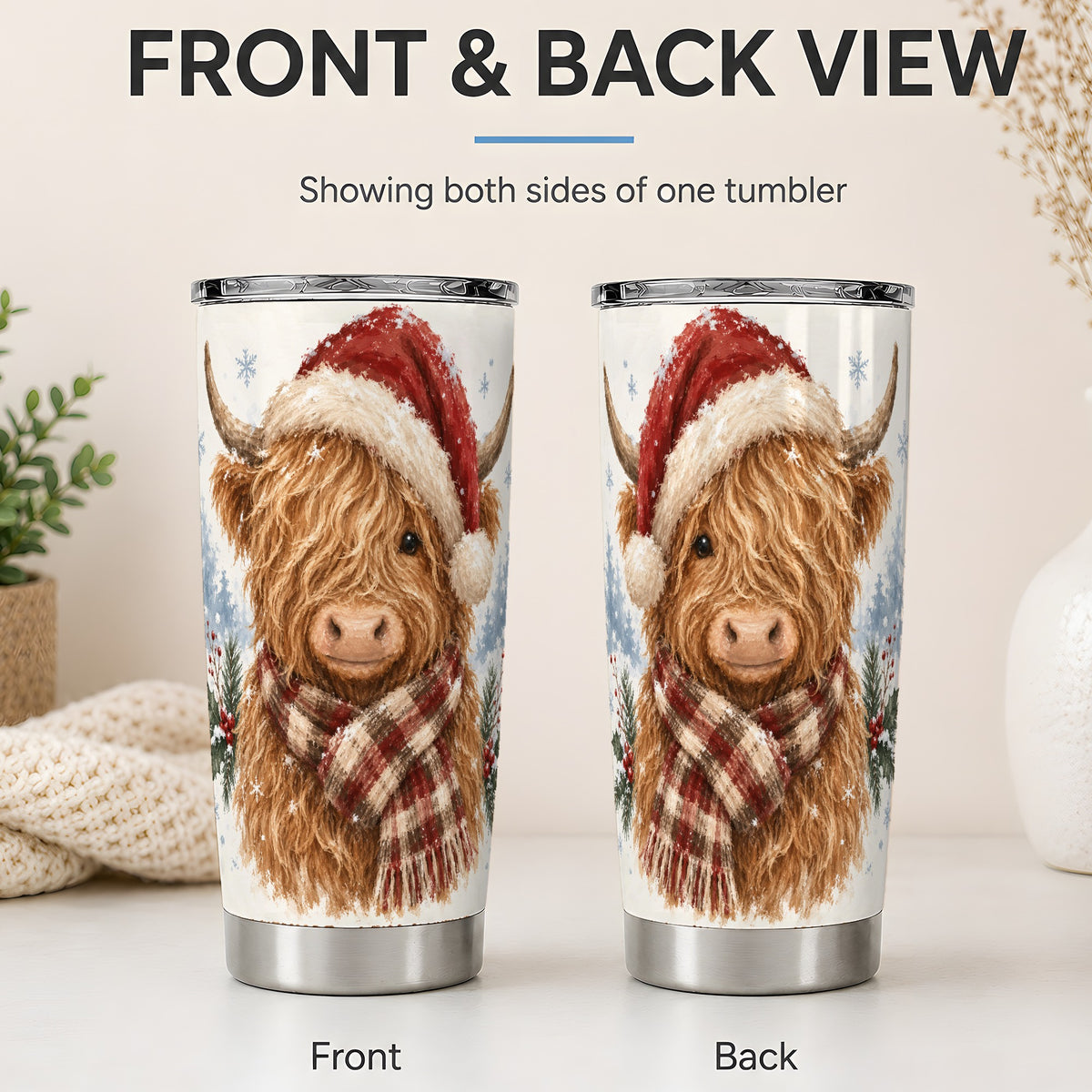#pl[20oz|Steel] Christmas Highland Cow 20oz Tumbler, Winter Farmhouse Drinkware