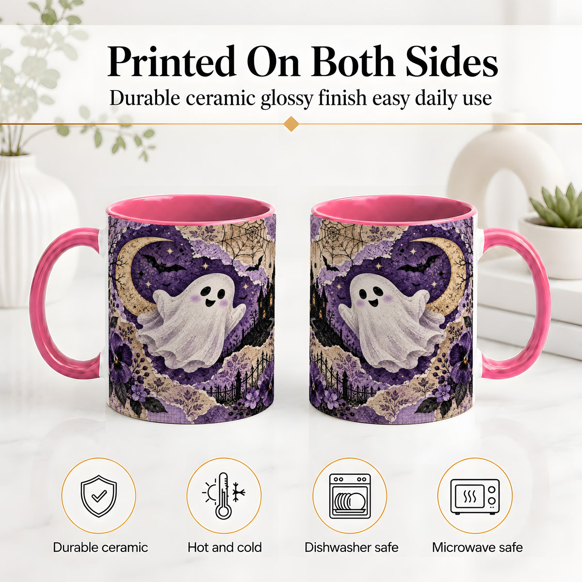 #pl[11oz|Pink] Vintage Halloween Ceramic Mug, Ghost Moon Haunted House Collage