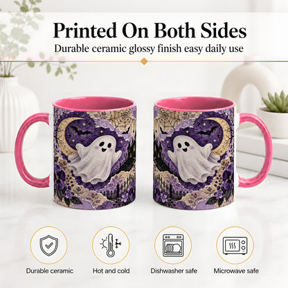 #pl[11oz|Pink] Vintage Halloween Ceramic Mug, Ghost Moon Haunted House Collage