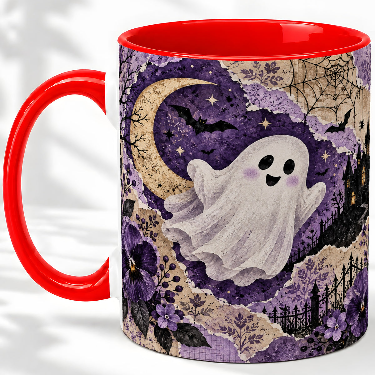 Vintage Halloween Ceramic Mug, Ghost Moon Haunted House Collage