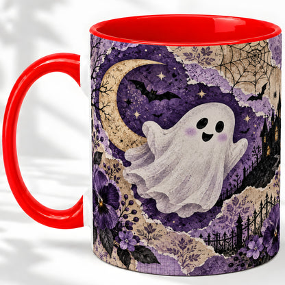 Vintage Halloween Ceramic Mug, Ghost Moon Haunted House Collage