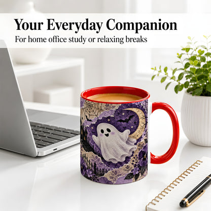 #pl[11oz|Red] Vintage Halloween Ceramic Mug, Ghost Moon Haunted House Collage